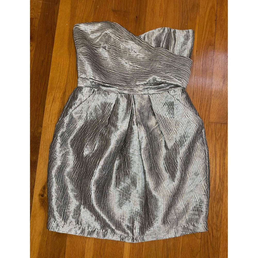 Greylin Metallic Silver Strapless Pleated Cocktail Dress Pockets Size Medium